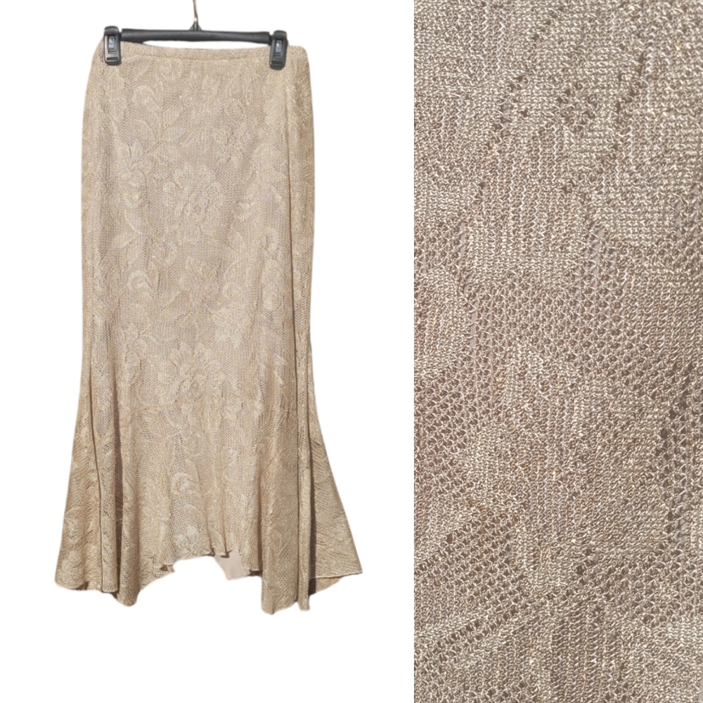 90's Gold Glitter Floral Mesh Ruffle Tulip Hem Midi Skirt